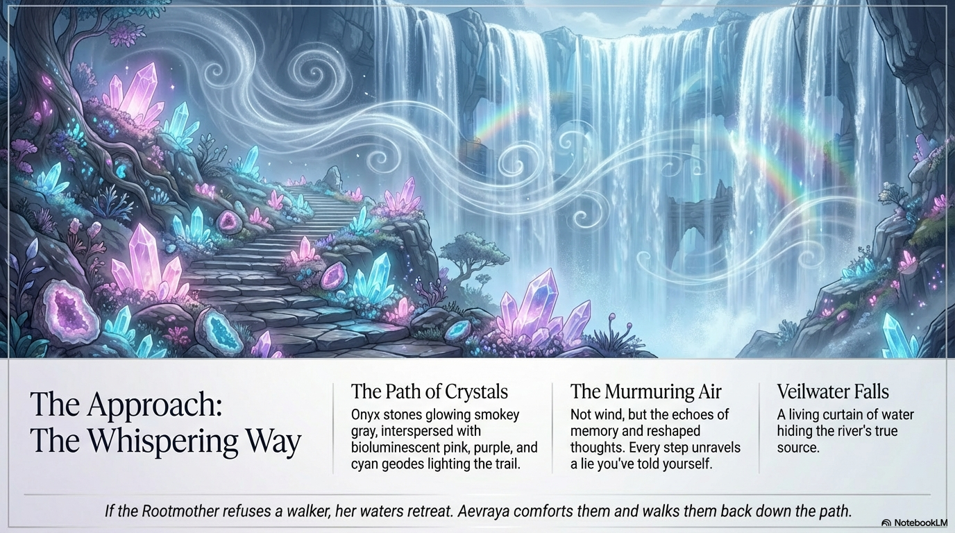 A crystal pool in a rocky clearing, perfectly still, glowing softly beneath the surface